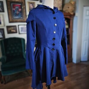 Blue Hooded Dress Lace Up Back Fit Flare Button Front Victorian Gothic Witchy M